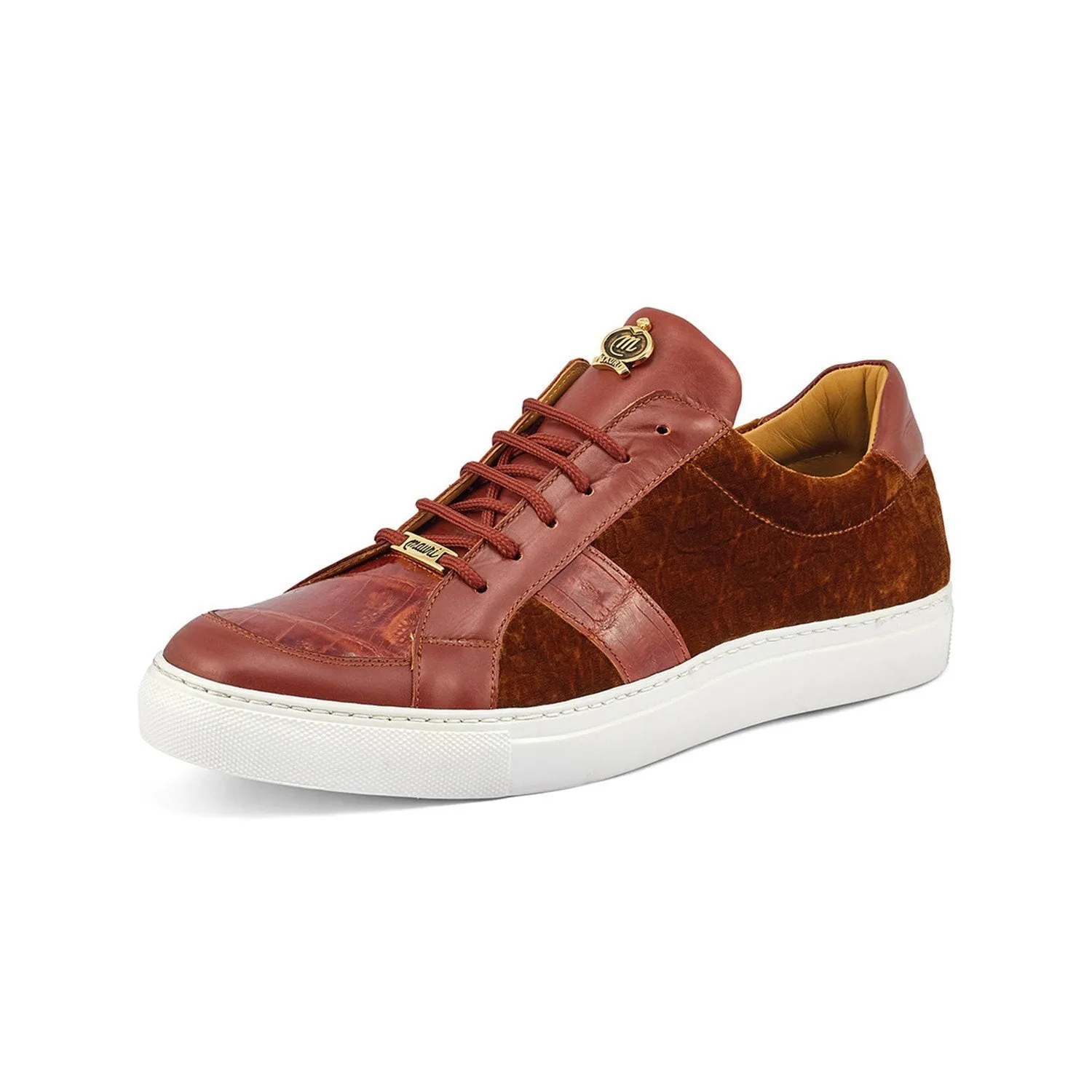 Mauri 8418 Freeze Men's Shoes Gold & Camel Exotic Crocodile / Nappa Leather / Velvet Embossed Casual Sneakers (MA5357)