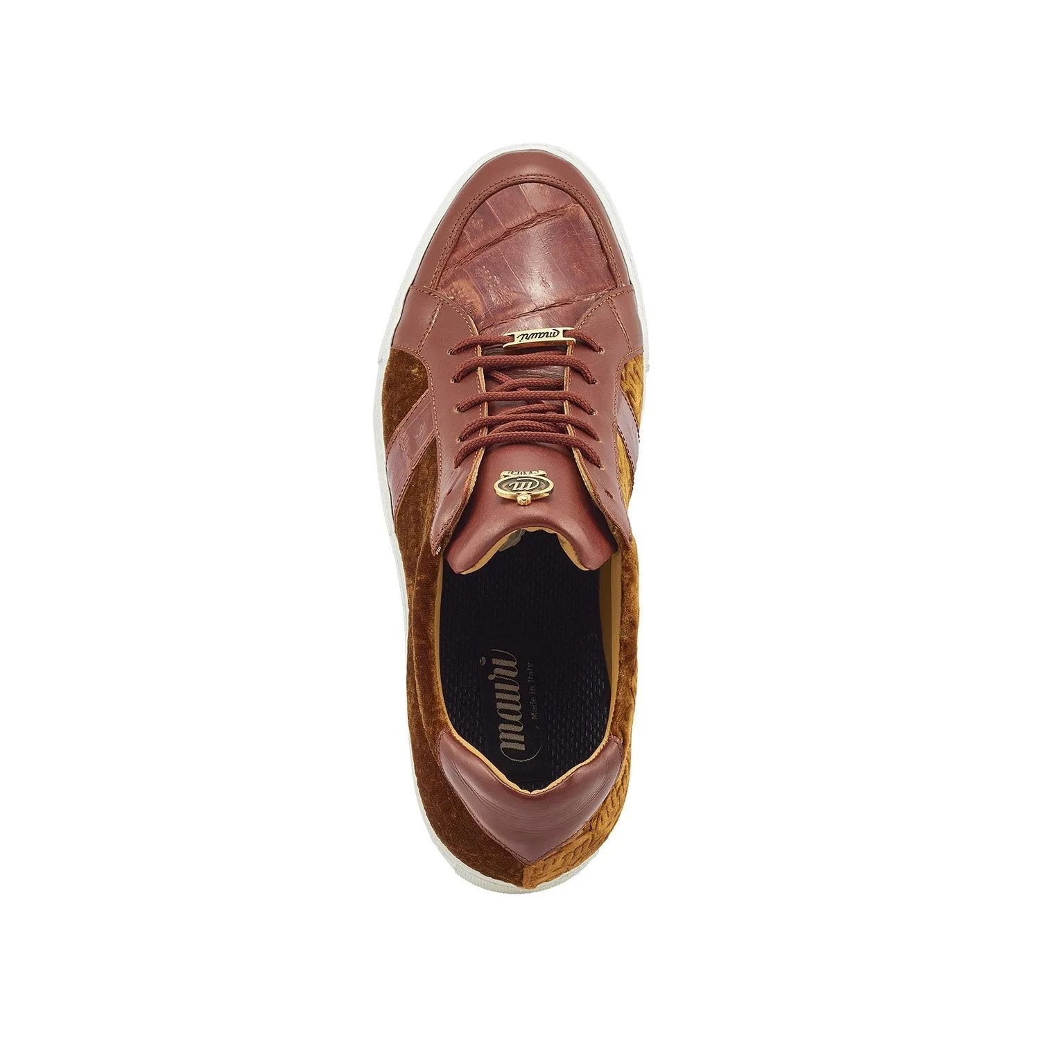Mauri 8418 Freeze Men's Shoes Gold & Camel Exotic Crocodile / Nappa Leather / Velvet Embossed Casual Sneakers (MA5357)