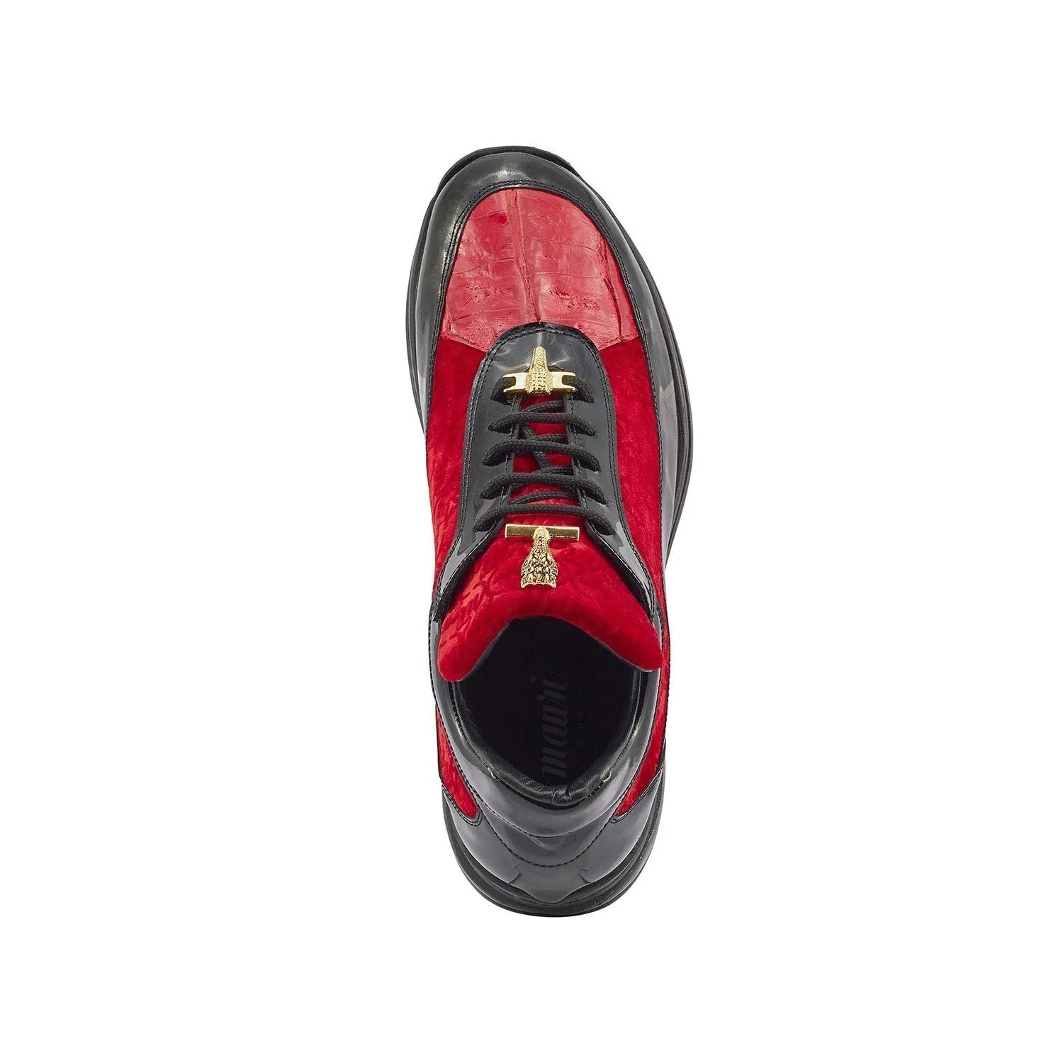 Mauri 8900/8 Bubble Men's Shoes Black & Red Exotic Crocodile / Patent Leather / Velvet Embossed Casual Sneakers (MAS5355)