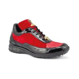 Mauri 8900/8 Bubble Men's Shoes Black & Red Exotic Crocodile / Patent Leather / Velvet Embossed Casual Sneakers (MAS5355)