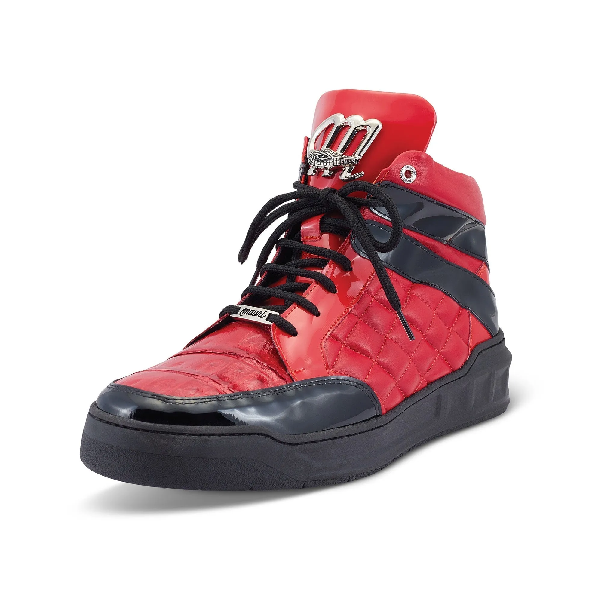 Mauri Notorious 8499 Men's Shoes Black & Red Exotic Crocodile / Patent / Calf-Skin Leather Casual High-Top Sneakers (MA5496)