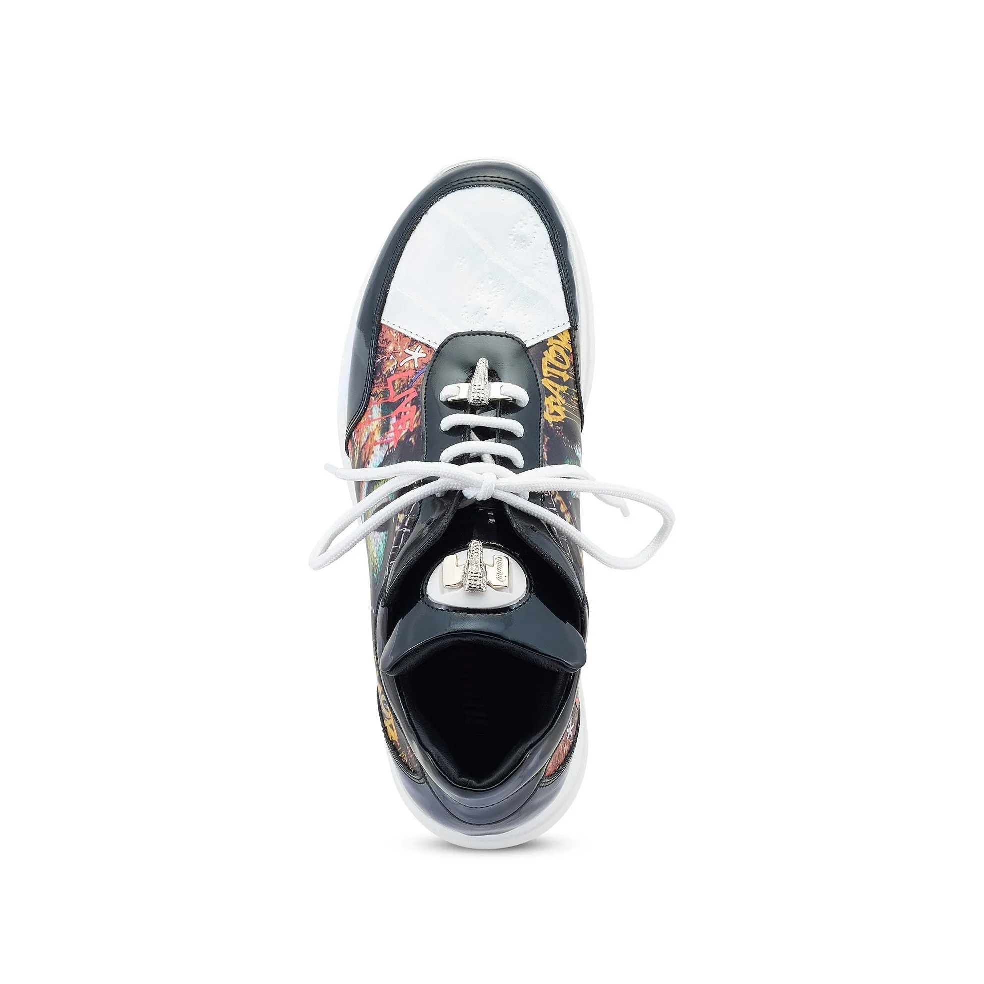 Mauri Solace 8741/2 Men's Shoes Black & White Exotic Crocodile / Patent / Calf-Skin Leather Casual Sneakers (MA5548)