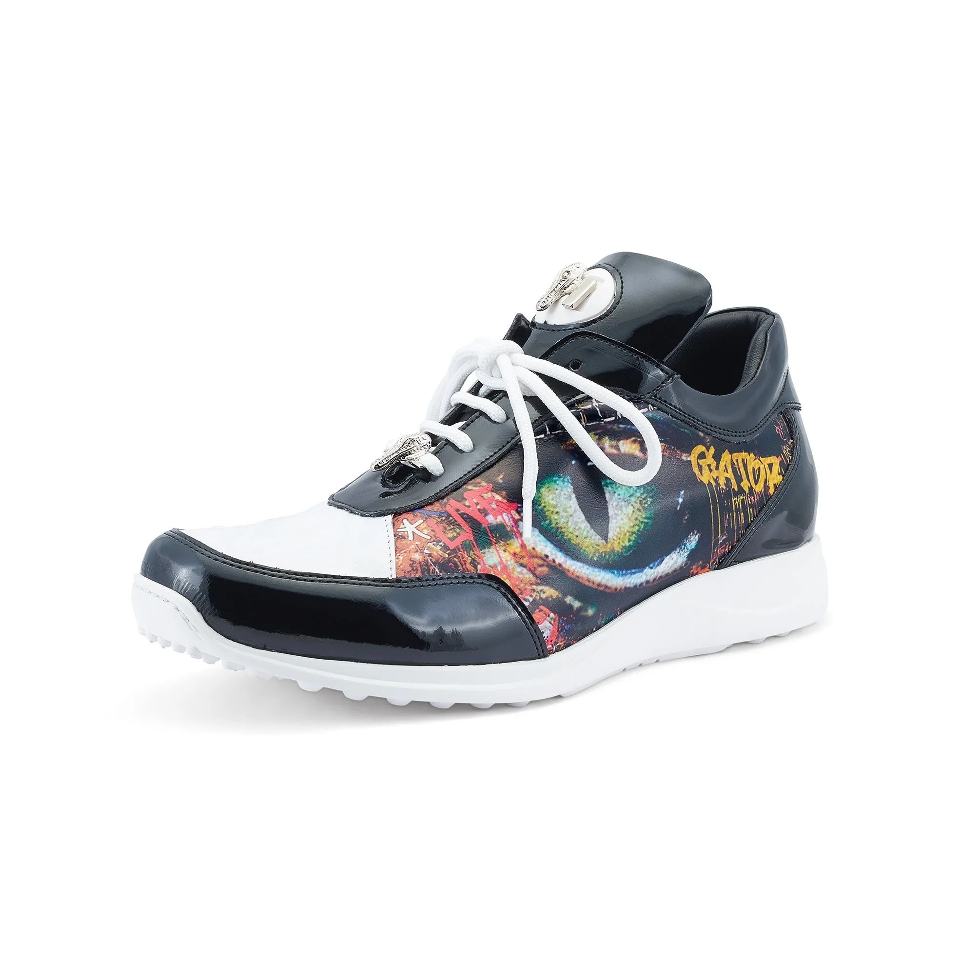 Mauri Solace 8741/2 Men's Shoes Black & White Exotic Crocodile / Patent / Calf-Skin Leather Casual Sneakers (MA5548)