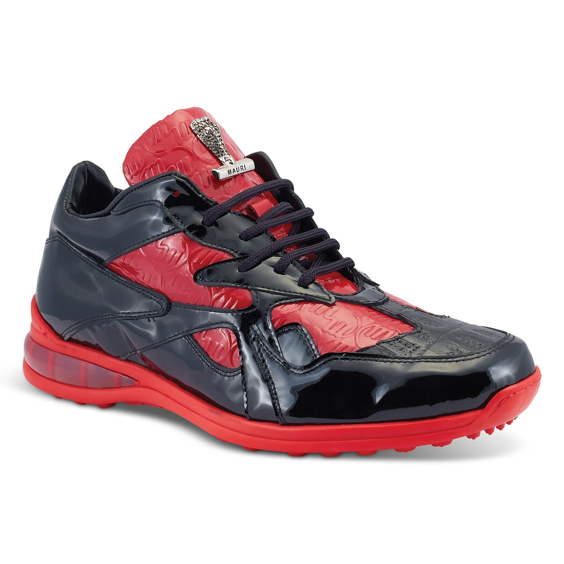 Mauri Sonic 8464/1 Men's Shoes Black & Red Exotic Crocodile / Patent Leather Casual Bubble Sneakers (MA5494)