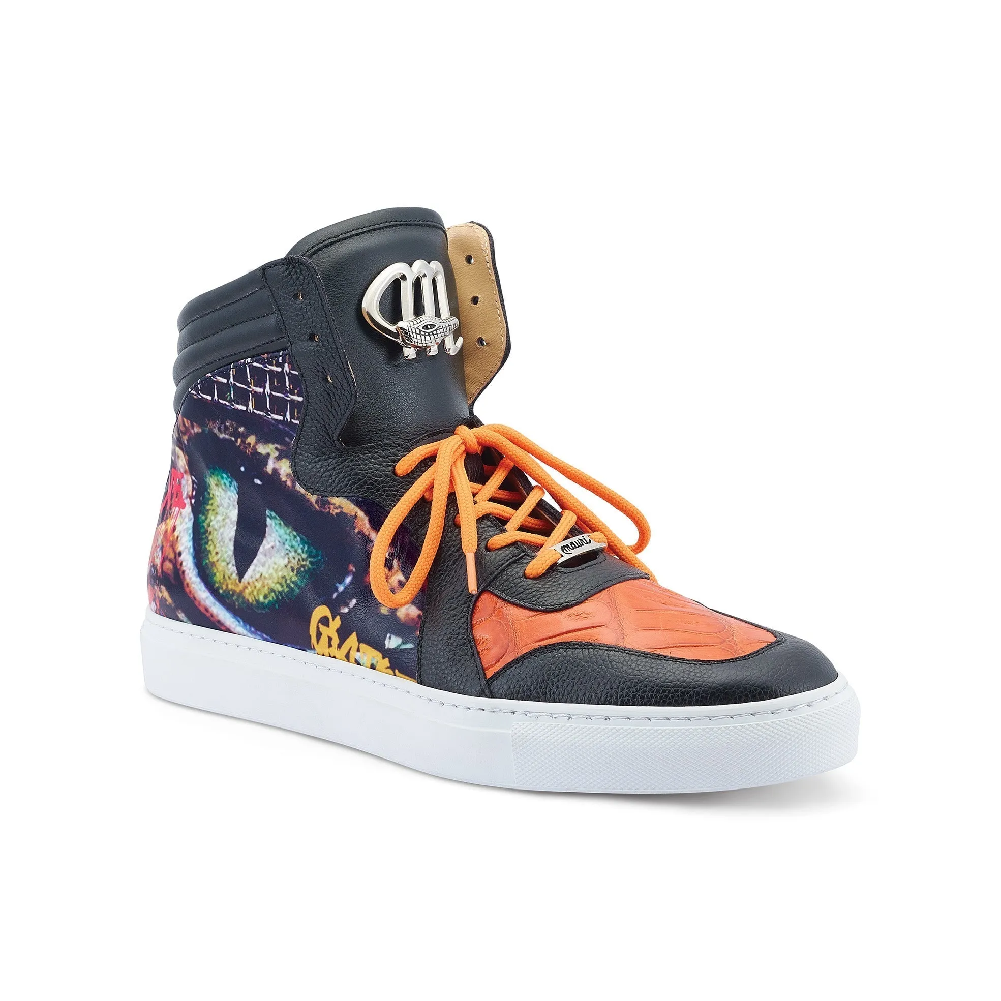 Mauri Vision 8466/1 Men's Shoes Black & Orange Exotic Crocodile / Calf-Skin Leather Casual Sneakers (MA5546)