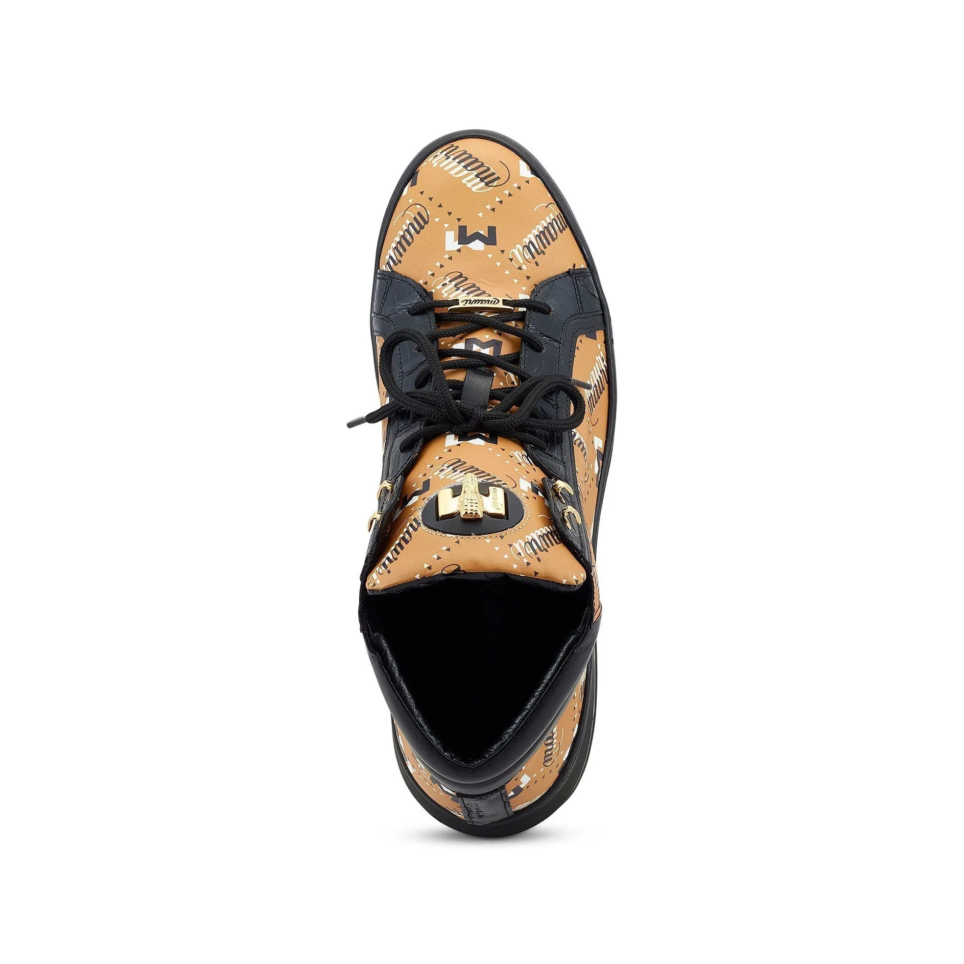 Mauri Wisdom 8448 Men's Shoes Black & Mustard Brown Exotic Crocodile / Calf-Skin Leather Casual High-Top Sneakers (MA5504)