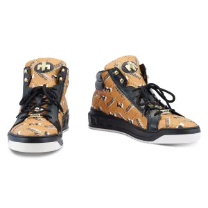 Mauri Wisdom 8448 Men's Shoes Black & Mustard Brown Exotic Crocodile / Calf-Skin Leather Casual High-Top Sneakers (MA5504)