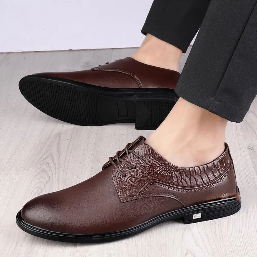 Men Formal Shoes Dress Oxford Fashion Lace Up Casual Round Toe Luxury Leather Office Slip Resistant Low Top Rubber Sole Non Slip Shoe