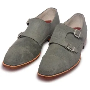 Men Gray Grey Double Monk Suede Leather Shoes