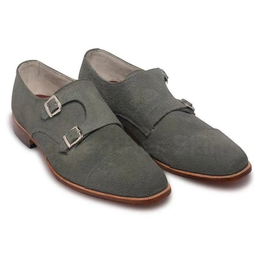 Men Gray Grey Double Monk Suede Leather Shoes