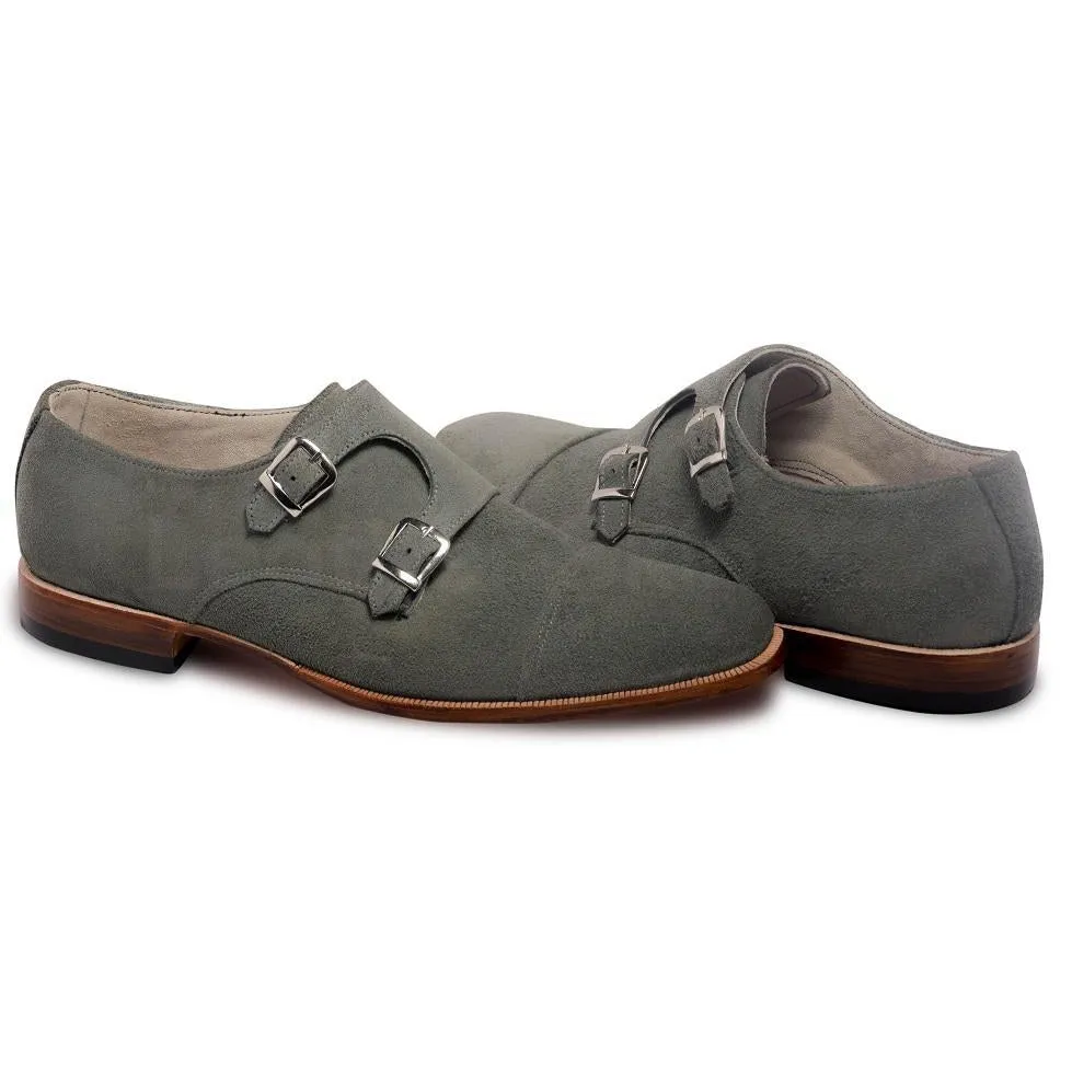 Men Gray Grey Double Monk Suede Leather Shoes