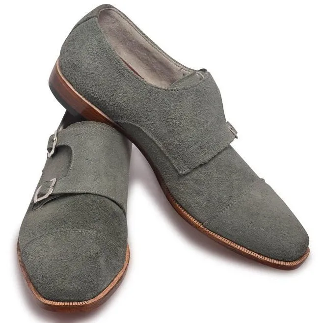 Men Gray Grey Double Monk Suede Leather Shoes