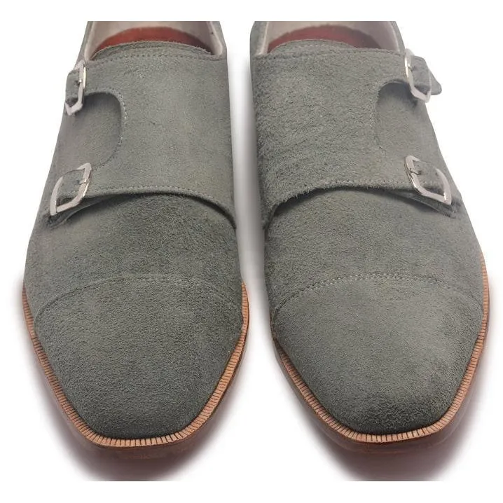 Men Gray Grey Double Monk Suede Leather Shoes