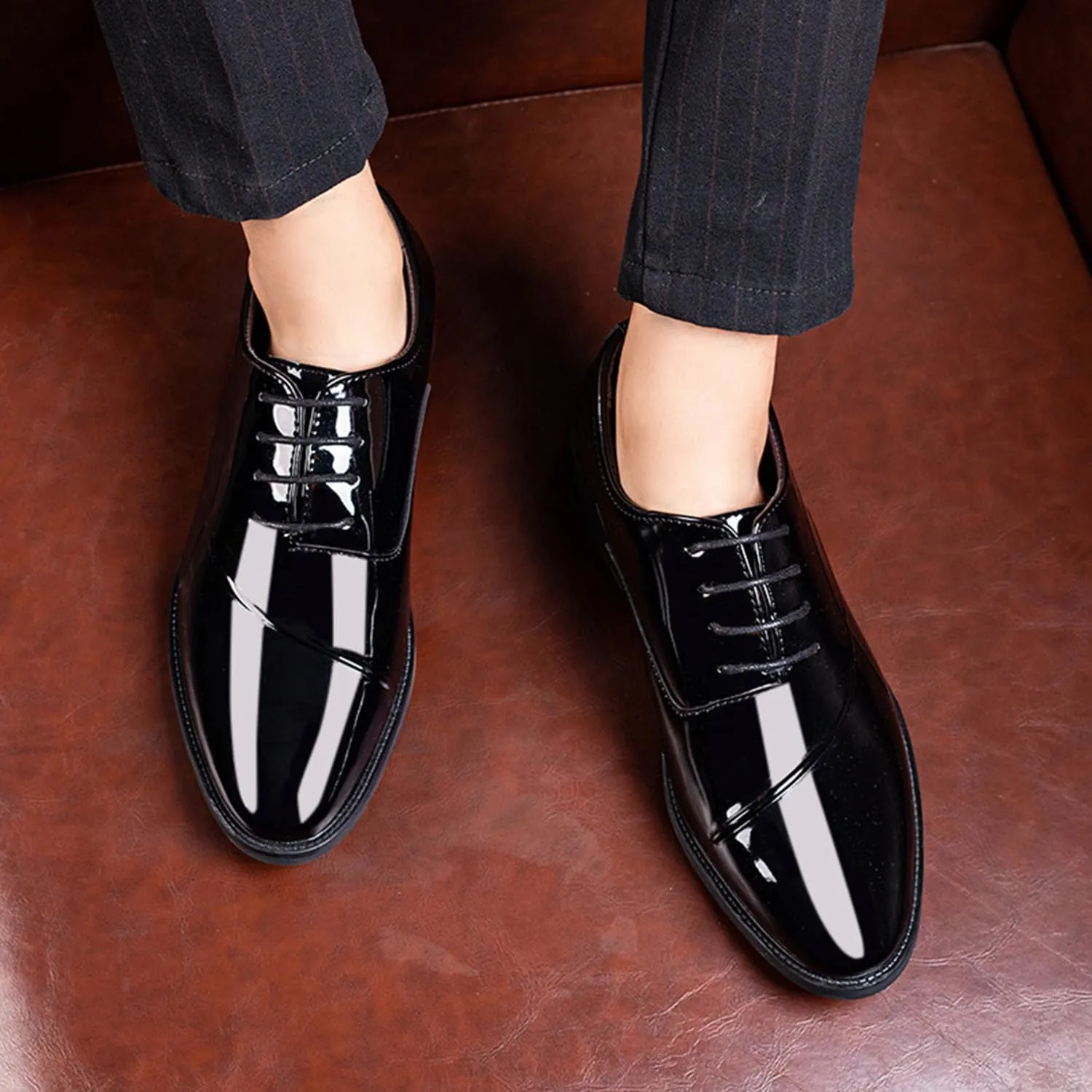 Men's Dress Shoes Lace-Up Derbys Oxford Formal Shoes Fashion Patent Leather Wedding Shoes for Men