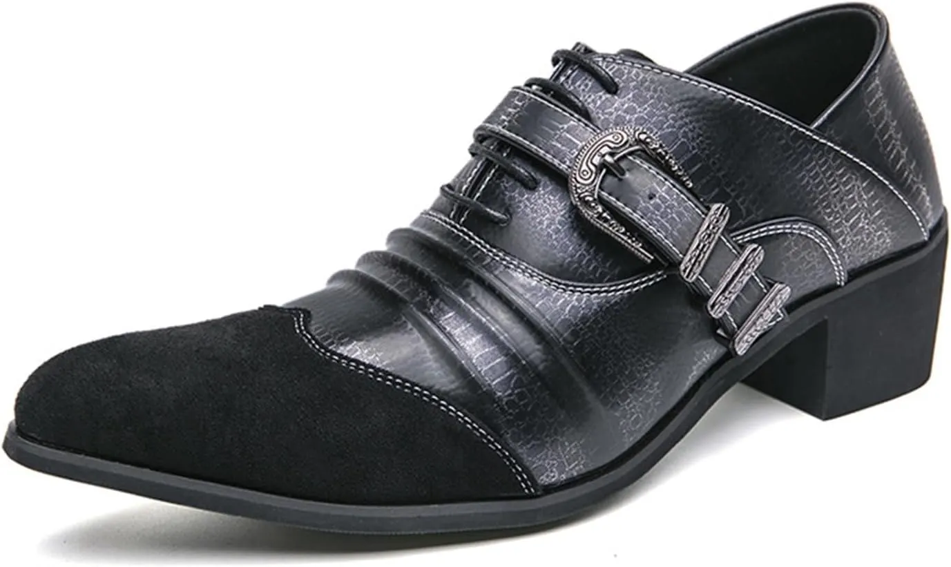 Mens Fashion Lace Up Pointed Toe Oxfords Wingtip Pattern Block Heel Formal Shoes Business Casual Prom Dress Shoes For Men