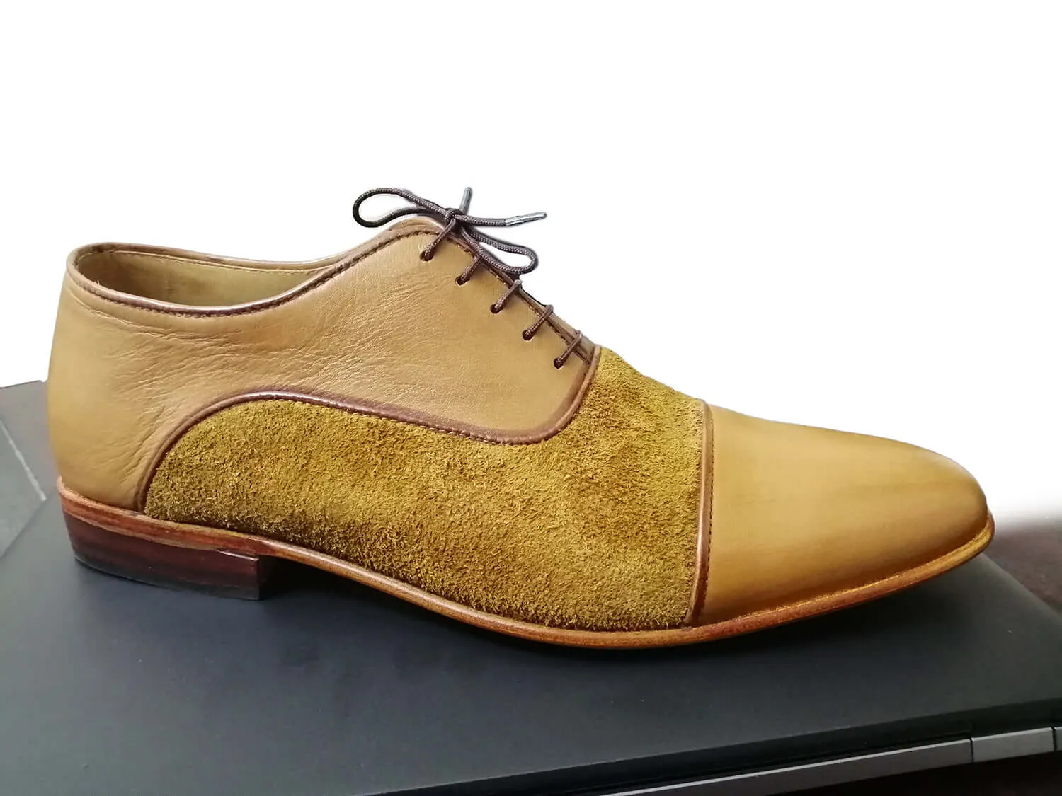 Men's Handmade Tan leather & Suede Cap Toe Lace Up Dress Fashion Shoes