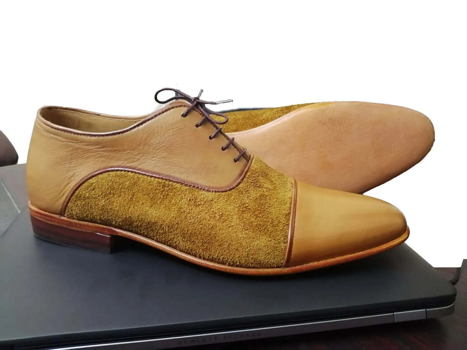 Men's Handmade Tan leather & Suede Cap Toe Lace Up Dress Fashion Shoes