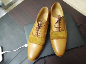 Men's Handmade Tan leather & Suede Cap Toe Lace Up Dress Fashion Shoes