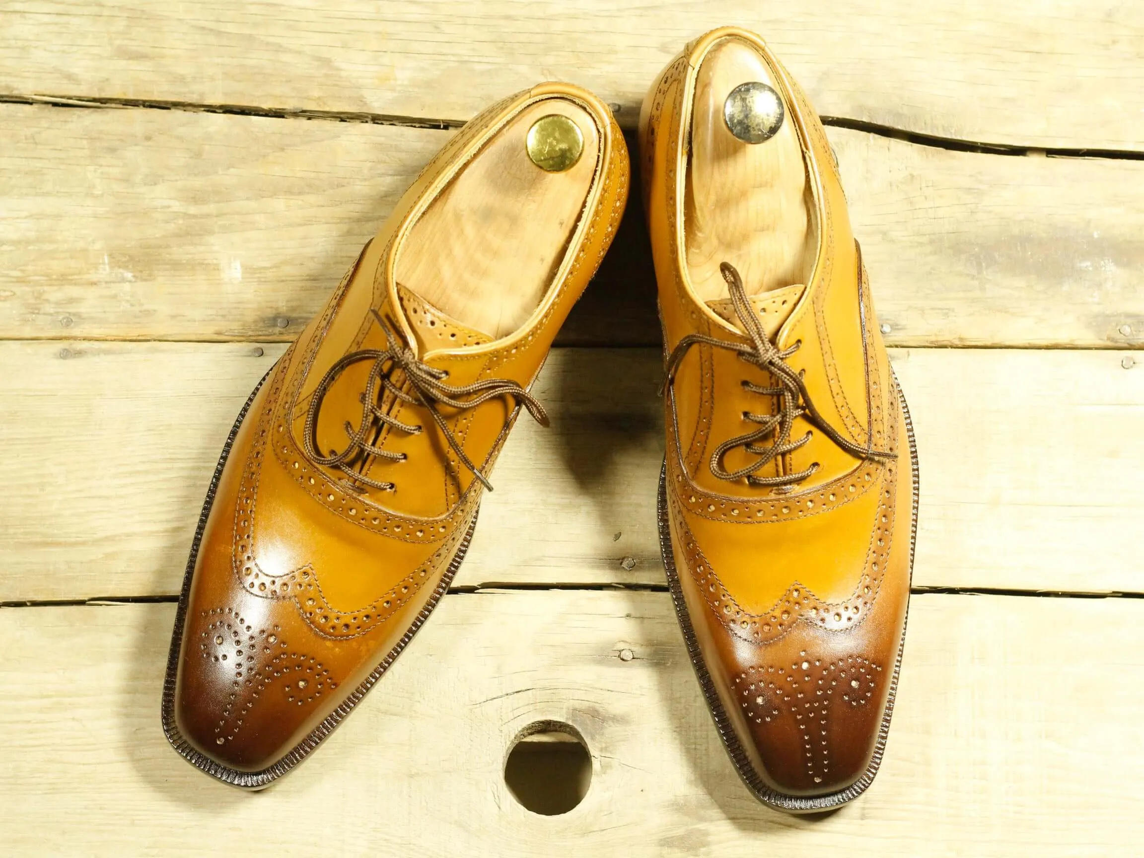 Men's Handmade Tan Leather Wing Tip Brogue Lace Up Shoes, Men Designer Dress Formal Luxury Shoes