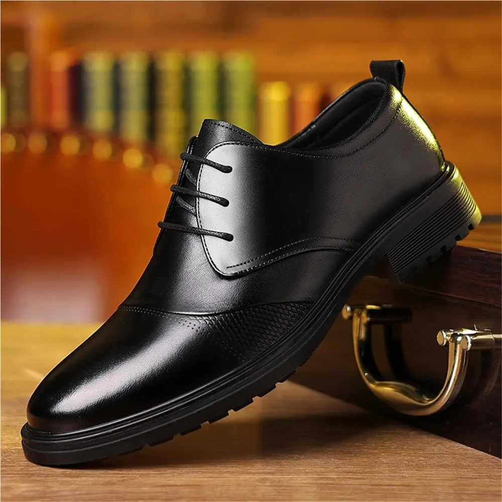 Mens Leather Dress Shoes Pointed Toe Lace Up Business Casual Shoes Soft Sole Oxford Shoes Cowhide Shoes Formal Shoes for Suit Office Commuting Shoes Trendy Men(Black,6)