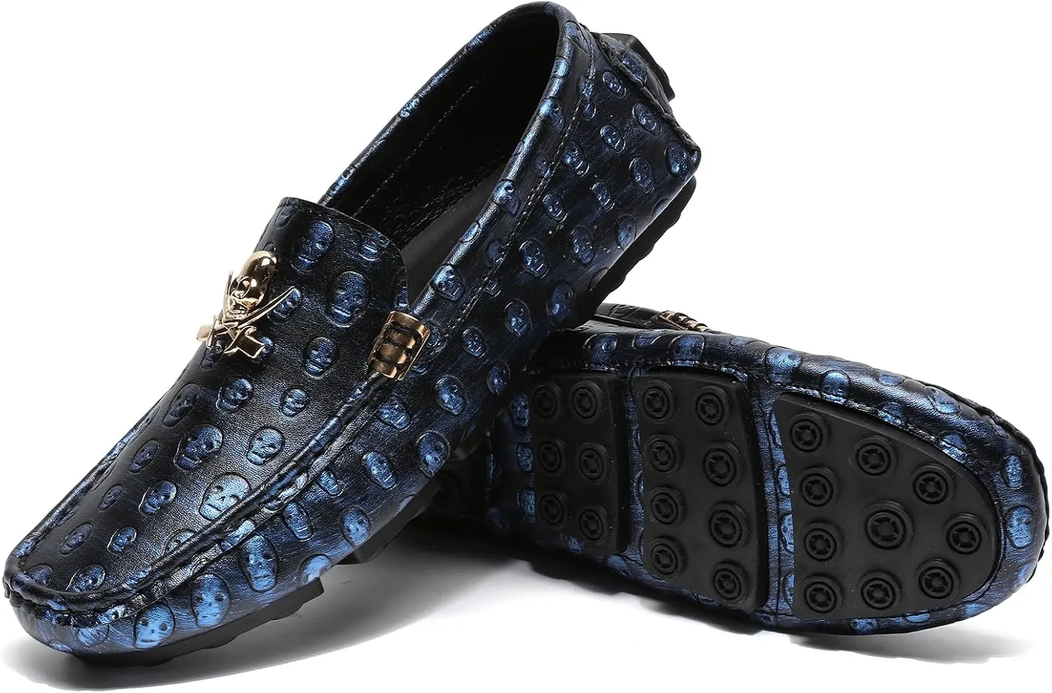 Men's Leather Driving Loafers Slip-on Moccasins with Skull Pattern Metal Buckle Outdoor Walking Penny Casual Shoes