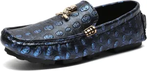 Men's Leather Driving Loafers Slip-on Moccasins with Skull Pattern Metal Buckle Outdoor Walking Penny Casual Shoes