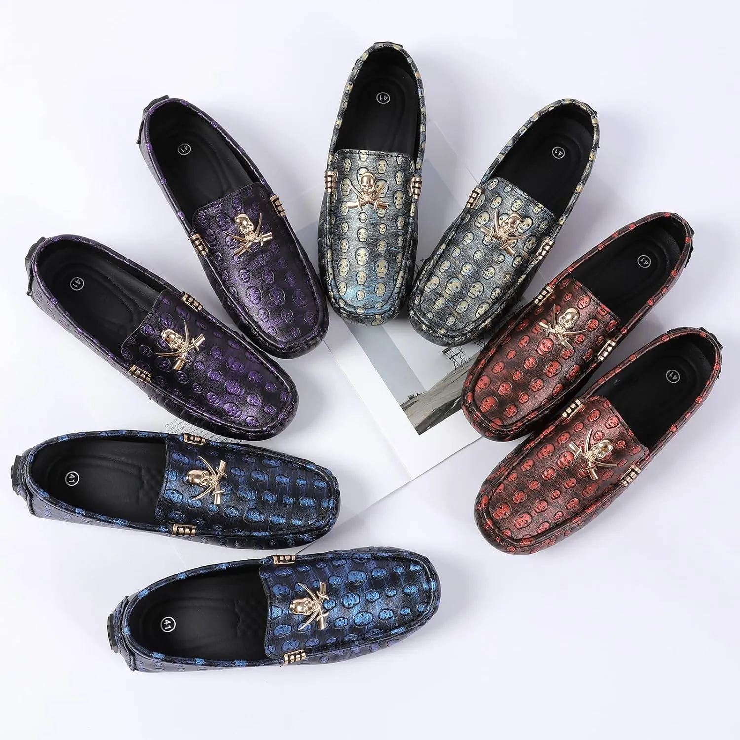 Men's Leather Driving Loafers Slip-on Moccasins with Skull Pattern Metal Buckle Outdoor Walking Penny Casual Shoes