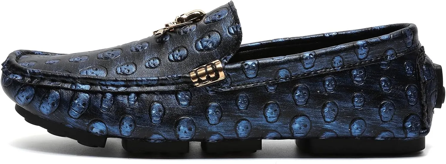 Men's Leather Driving Loafers Slip-on Moccasins with Skull Pattern Metal Buckle Outdoor Walking Penny Casual Shoes