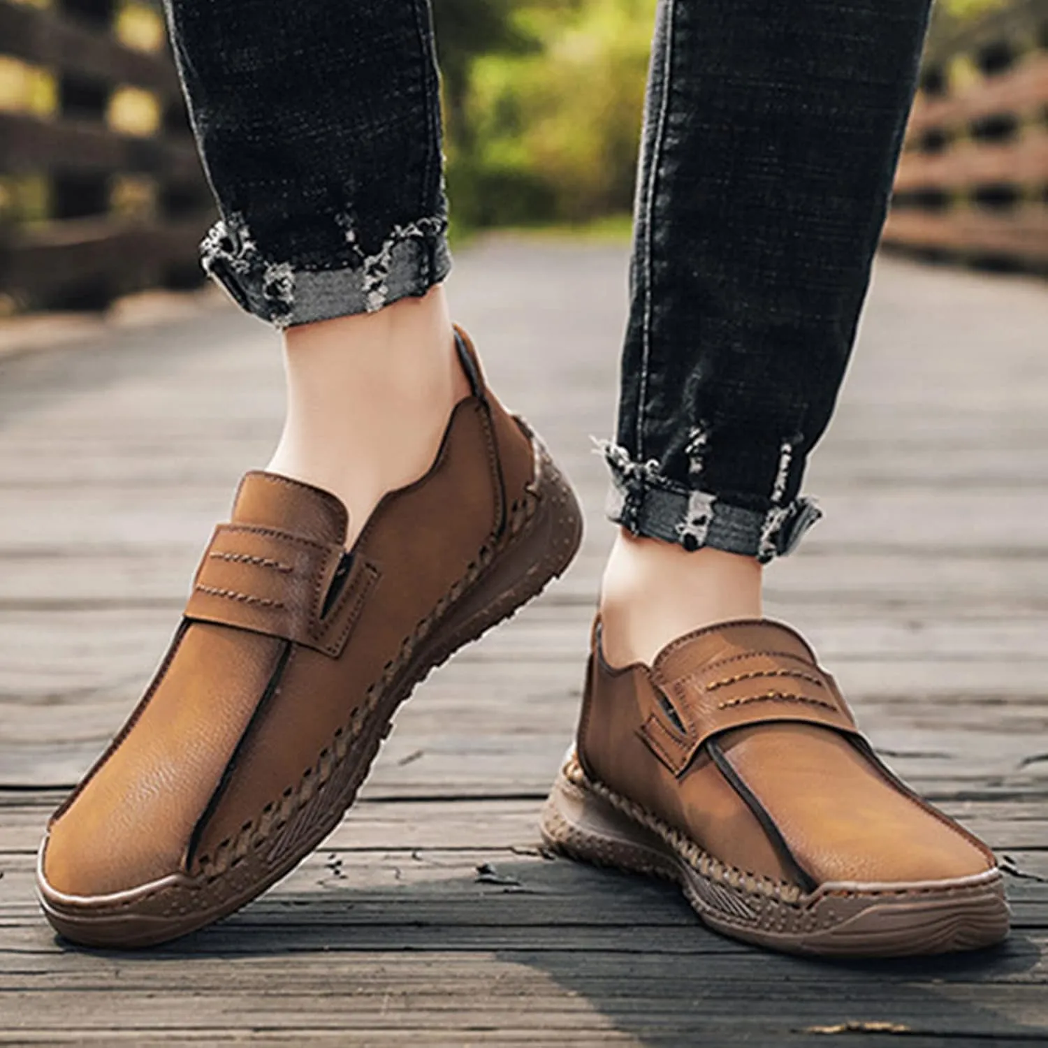Men's Lightweight Slip-on Casual Shoes,Comfort Vintage Hand-Stitching Non-Slip Softsole Walking Driving Penny Loafers