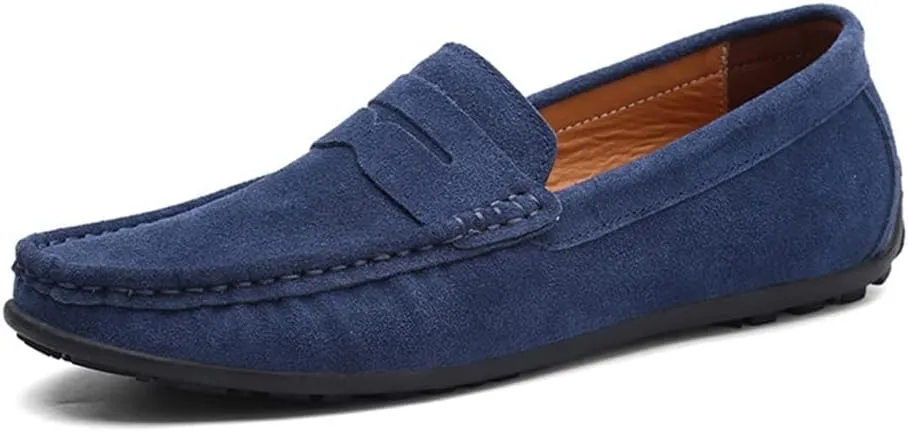 Men's Loafers Shoes Genuine Leather Round Toe Stitching Details Suede Vamp Rubber Sole Penny Loafer Slip Resistant Lightweight Flexible Wedding(Deep Blue,10 M US)
