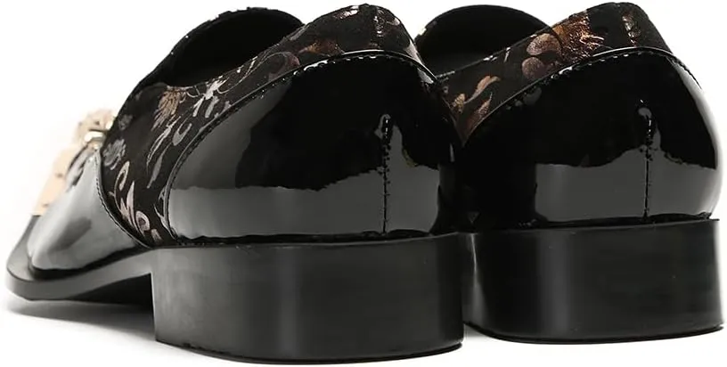 Men's Luxury Dress Loafers Floral Pattern Patent Leather Loafers with Gold Metal Toe Rose Gold Flower Print Slip-on Formal Shoes