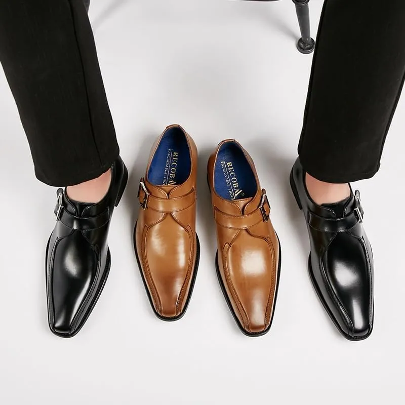 Mens Monk Strap Dress Shoes Japanese Style Pointed Toe Genuine Leather Business Office Wedding Formal Shoes