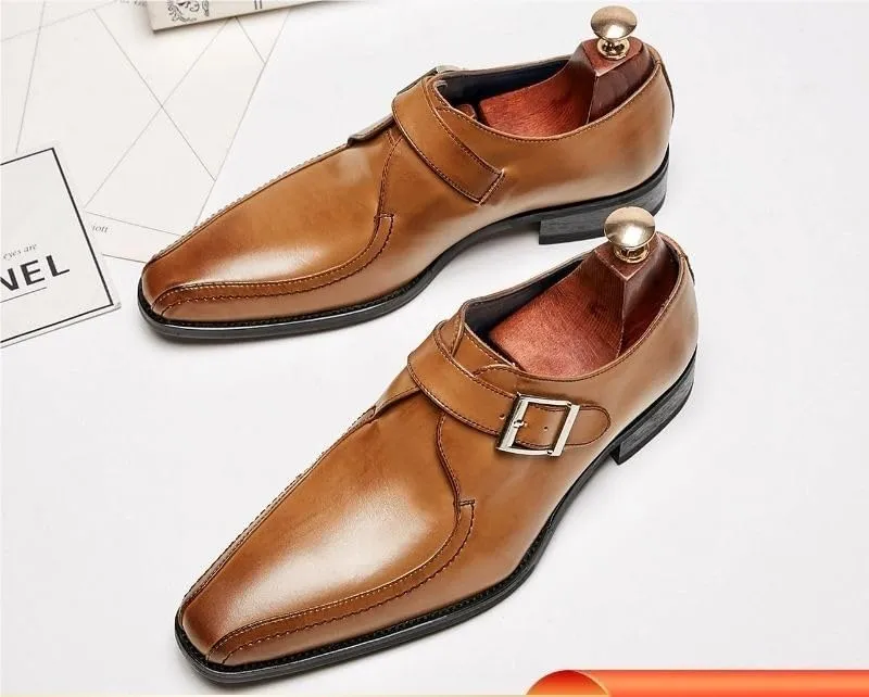 Mens Monk Strap Dress Shoes Japanese Style Pointed Toe Genuine Leather Business Office Wedding Formal Shoes