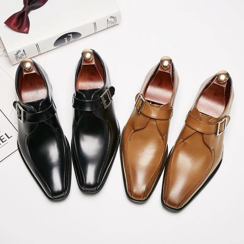 Mens Monk Strap Dress Shoes Japanese Style Pointed Toe Genuine Leather Business Office Wedding Formal Shoes
