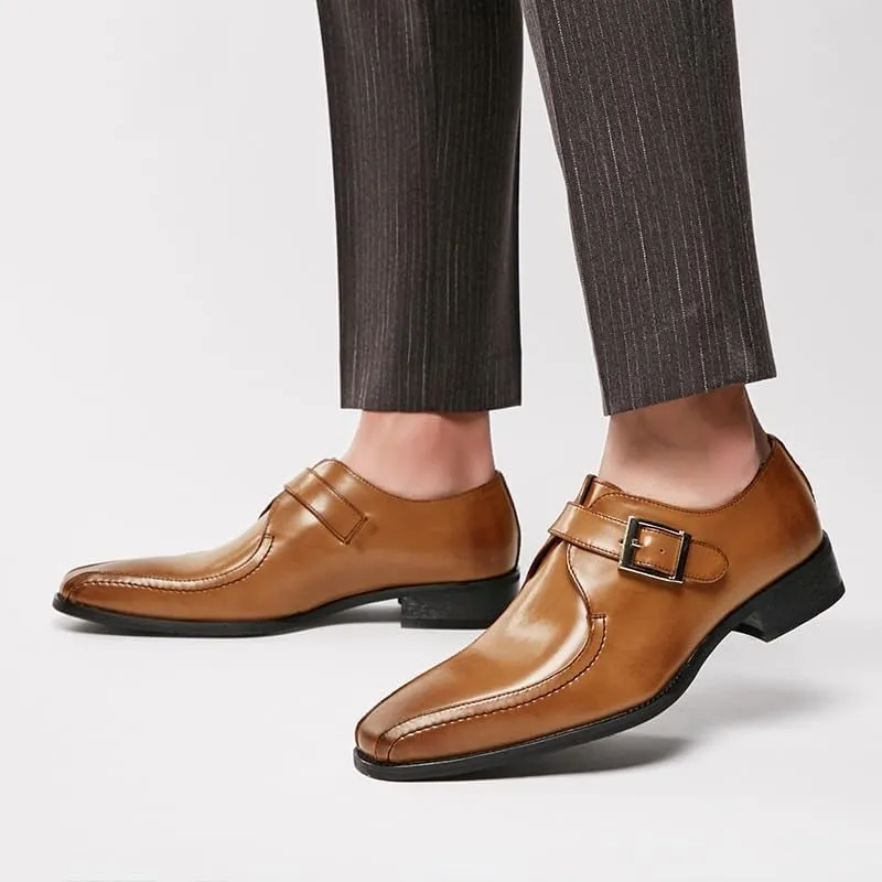 Mens Monk Strap Dress Shoes Japanese Style Pointed Toe Genuine Leather Business Office Wedding Formal Shoes