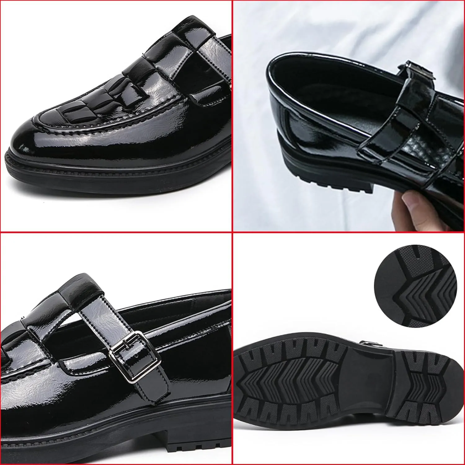 Men's Patent Leather Monk Strap Dress Loafers Fashion Classic Round Toe Low Top Slip On Oxford Shoes Business Casual Comfortable Formal Shoes