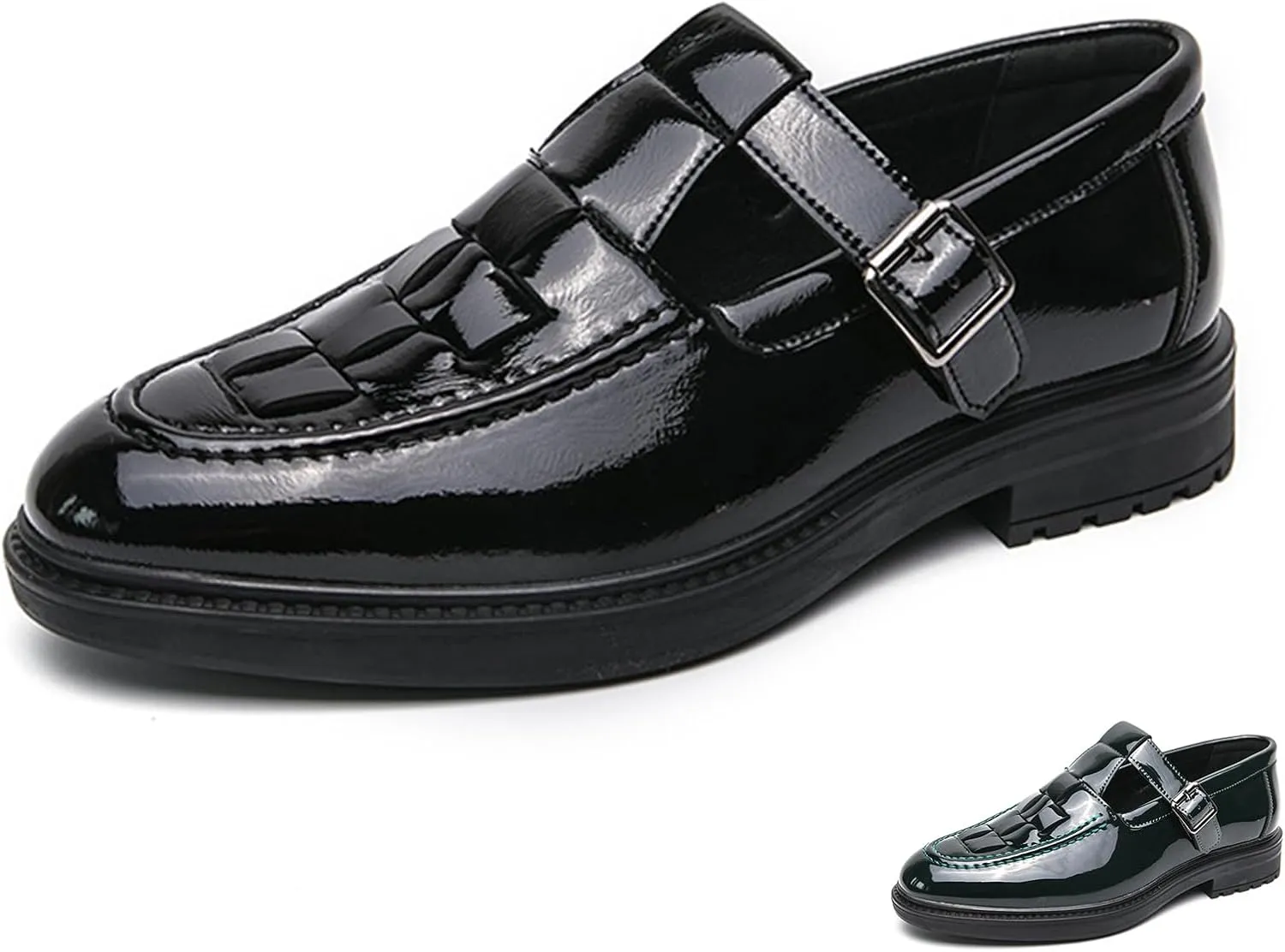 Men's Patent Leather Monk Strap Dress Loafers Fashion Classic Round Toe Low Top Slip On Oxford Shoes Business Casual Comfortable Formal Shoes
