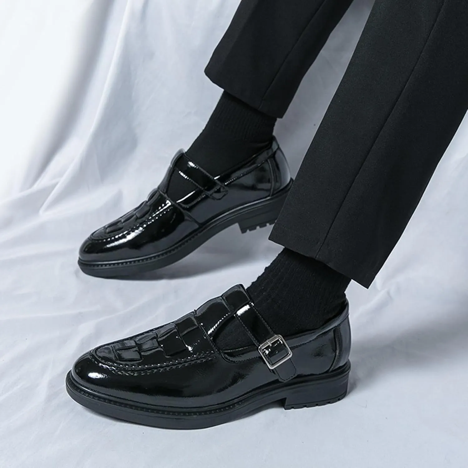 Men's Patent Leather Monk Strap Dress Loafers Fashion Classic Round Toe Low Top Slip On Oxford Shoes Business Casual Comfortable Formal Shoes