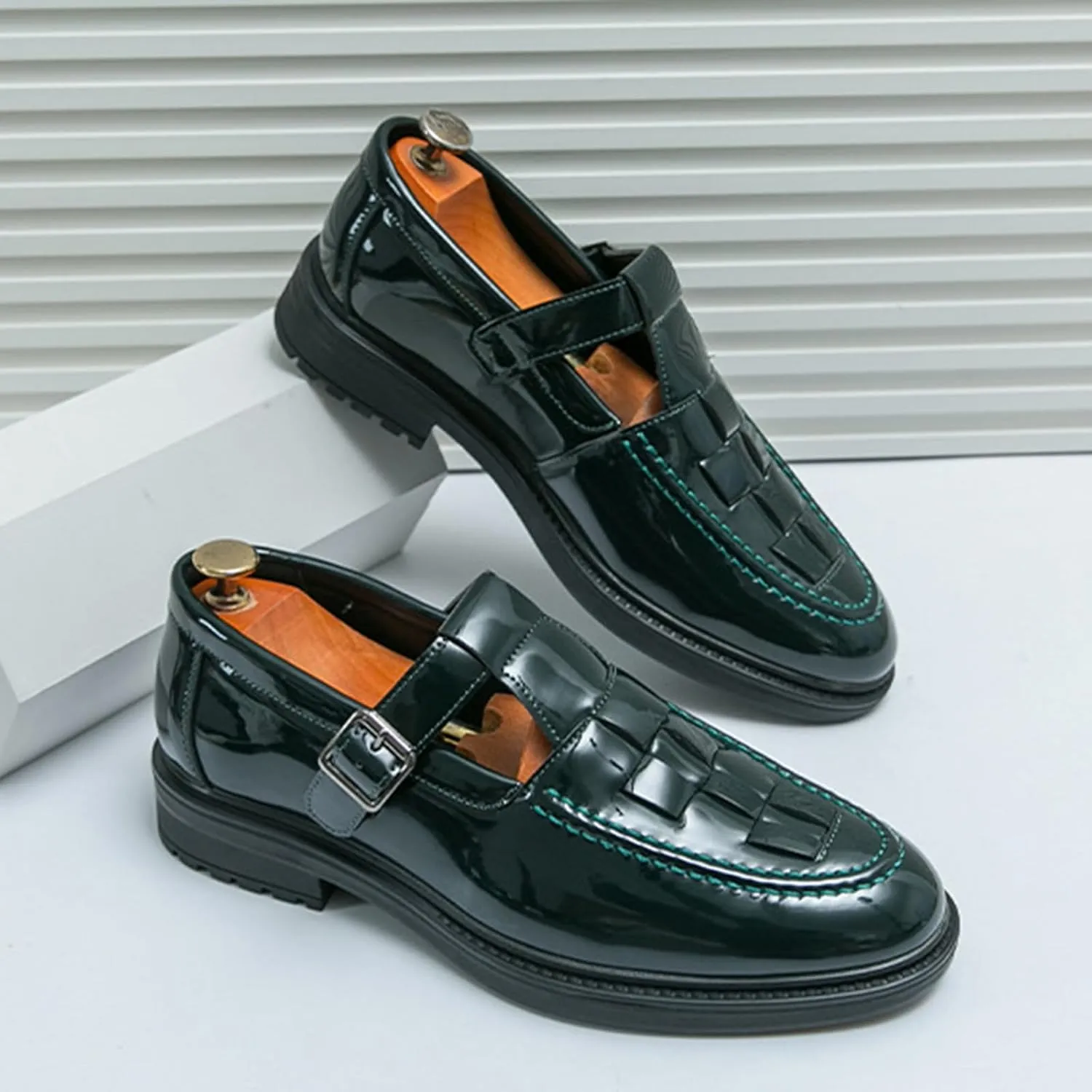 Men's Patent Leather Monk Strap Dress Loafers Fashion Classic Round Toe Low Top Slip On Oxford Shoes Business Casual Comfortable Formal Shoes