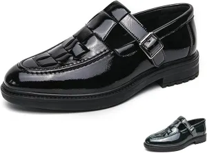 Men's Patent Leather Monk Strap Dress Loafers Fashion Classic Round Toe Low Top Slip On Oxford Shoes Business Casual Comfortable Formal Shoes