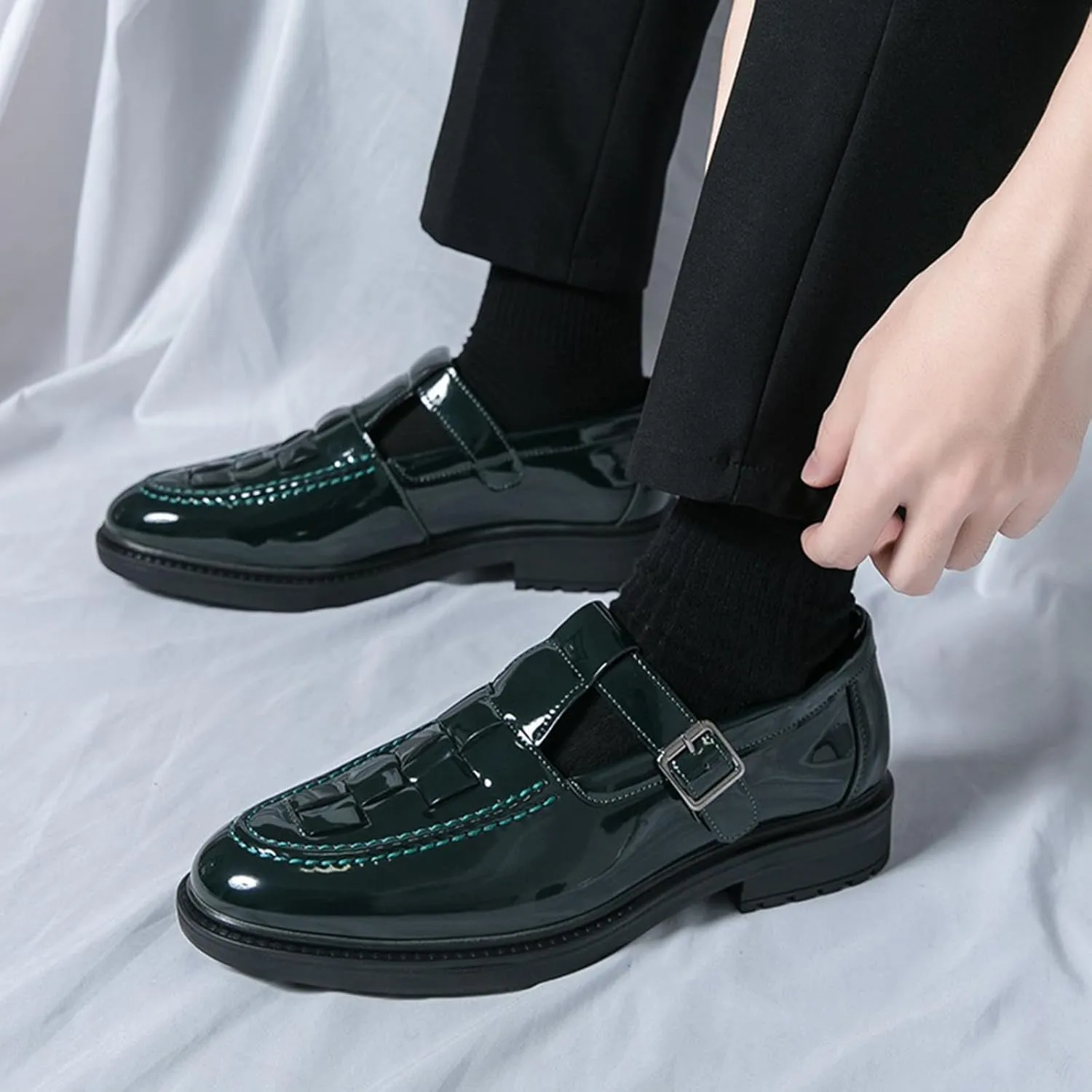 Men's Patent Leather Monk Strap Dress Loafers Fashion Classic Round Toe Low Top Slip On Oxford Shoes Business Casual Comfortable Formal Shoes