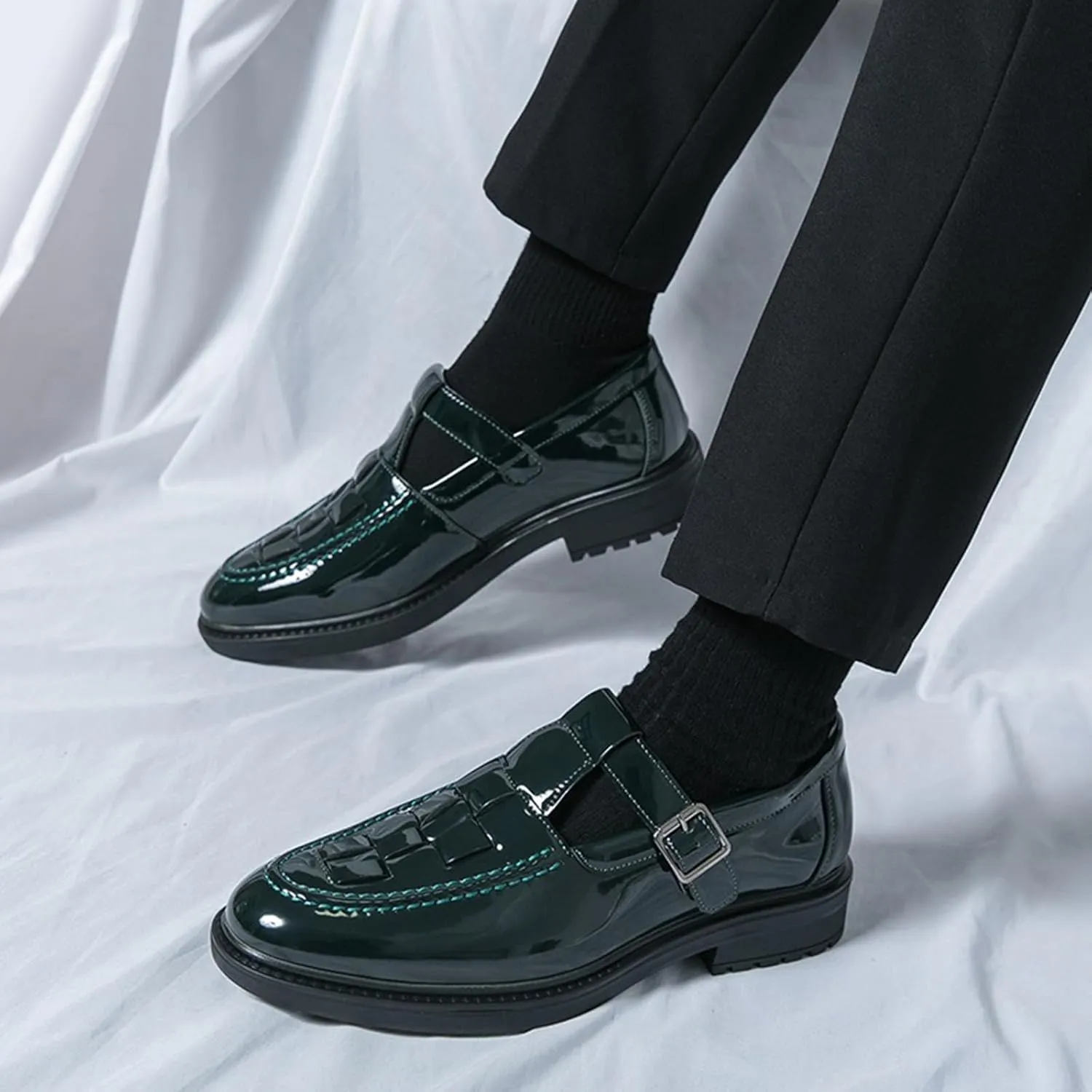Men's Patent Leather Monk Strap Dress Loafers Fashion Classic Round Toe Low Top Slip On Oxford Shoes Business Casual Comfortable Formal Shoes