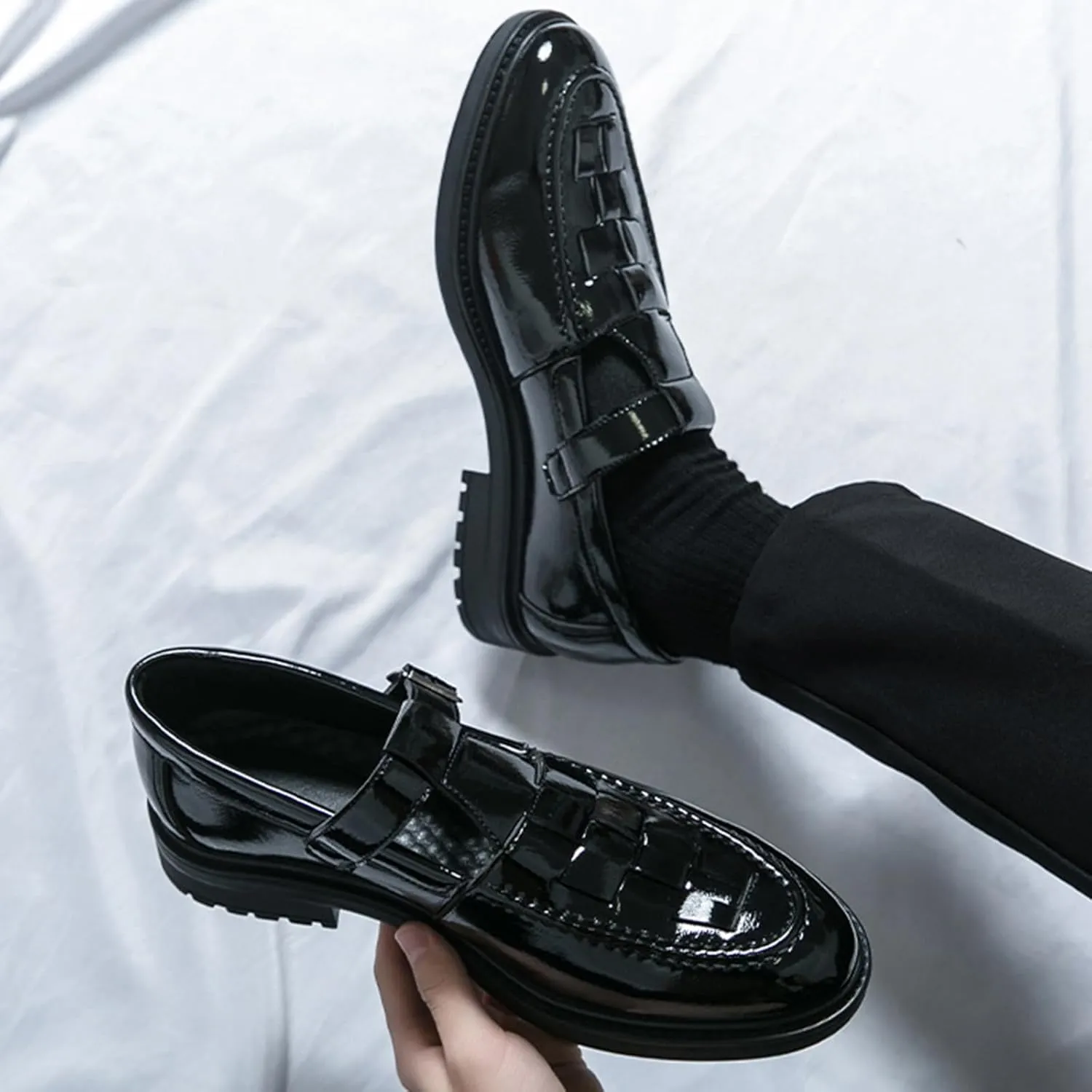 Men's Patent Leather Monk Strap Dress Loafers Fashion Classic Round Toe Low Top Slip On Oxford Shoes Business Casual Comfortable Formal Shoes