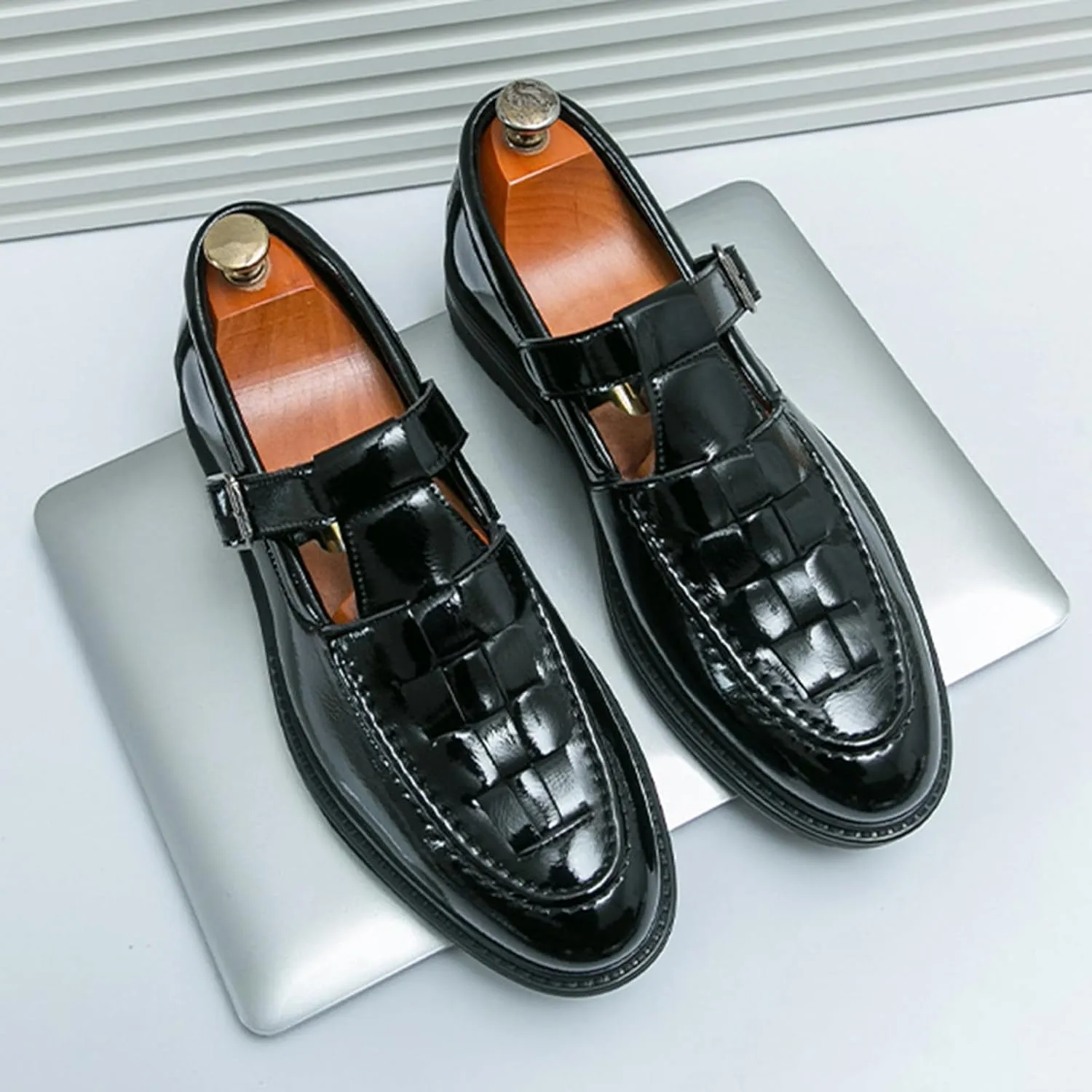Men's Patent Leather Monk Strap Dress Loafers Fashion Classic Round Toe Low Top Slip On Oxford Shoes Business Casual Comfortable Formal Shoes