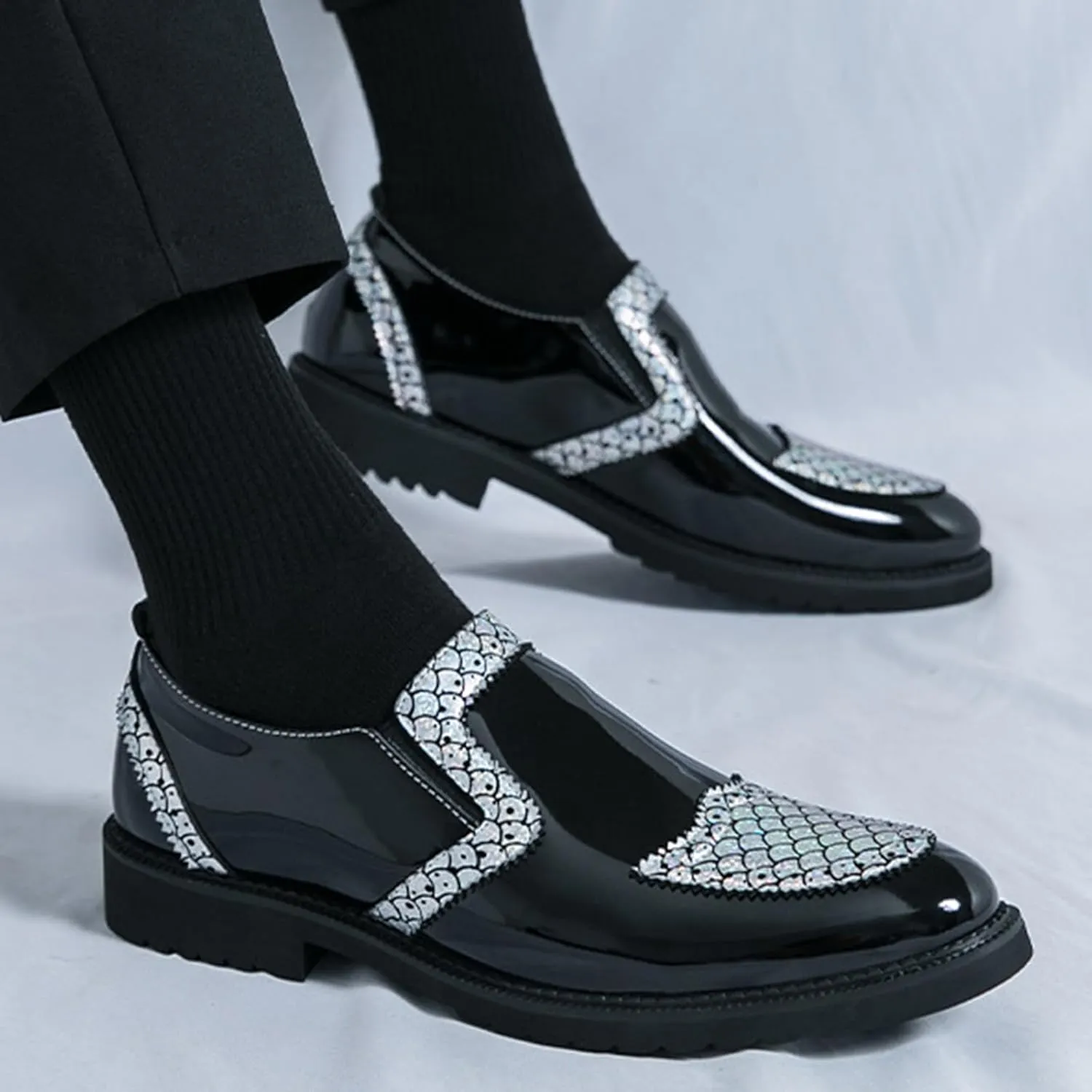 Men's Patent Leather Printed Dress Loafers Fashion Classic Cap Toe Low Top Slip On Oxford Shoes Business Casual Office Wedding Formal Shoes