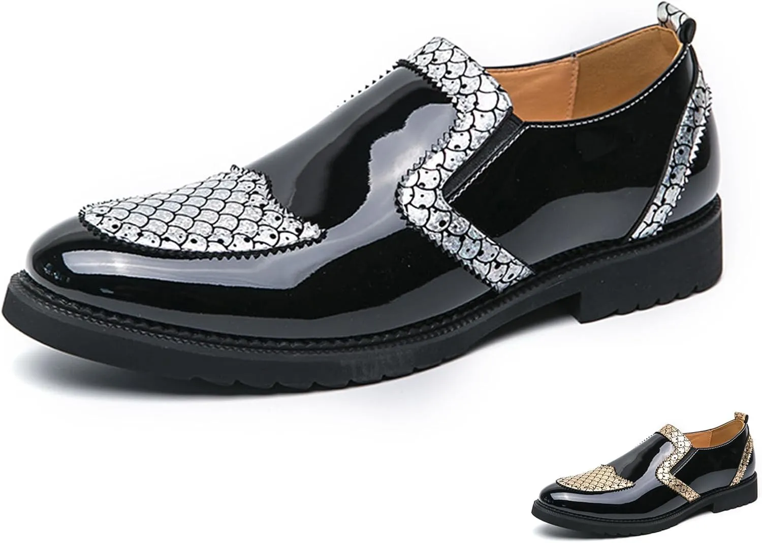 Men's Patent Leather Printed Dress Loafers Fashion Classic Cap Toe Low Top Slip On Oxford Shoes Business Casual Office Wedding Formal Shoes