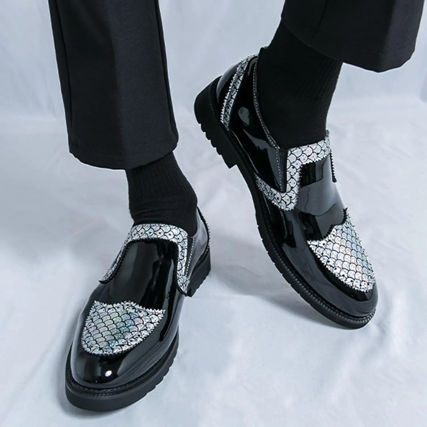 Men's Patent Leather Printed Dress Loafers Fashion Classic Cap Toe Low Top Slip On Oxford Shoes Business Casual Office Wedding Formal Shoes