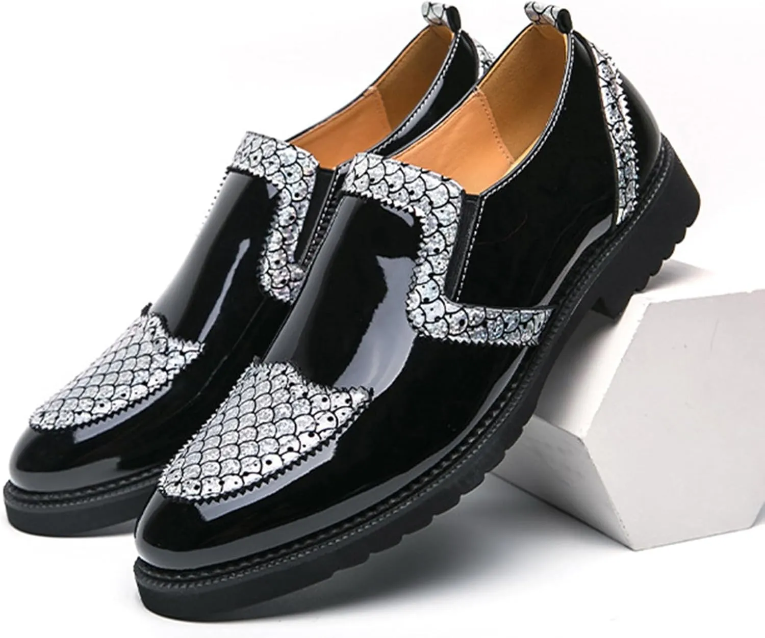 Men's Patent Leather Printed Dress Loafers Fashion Classic Cap Toe Low Top Slip On Oxford Shoes Business Casual Office Wedding Formal Shoes