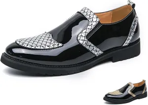Men's Patent Leather Printed Dress Loafers Fashion Classic Cap Toe Low Top Slip On Oxford Shoes Business Casual Office Wedding Formal Shoes