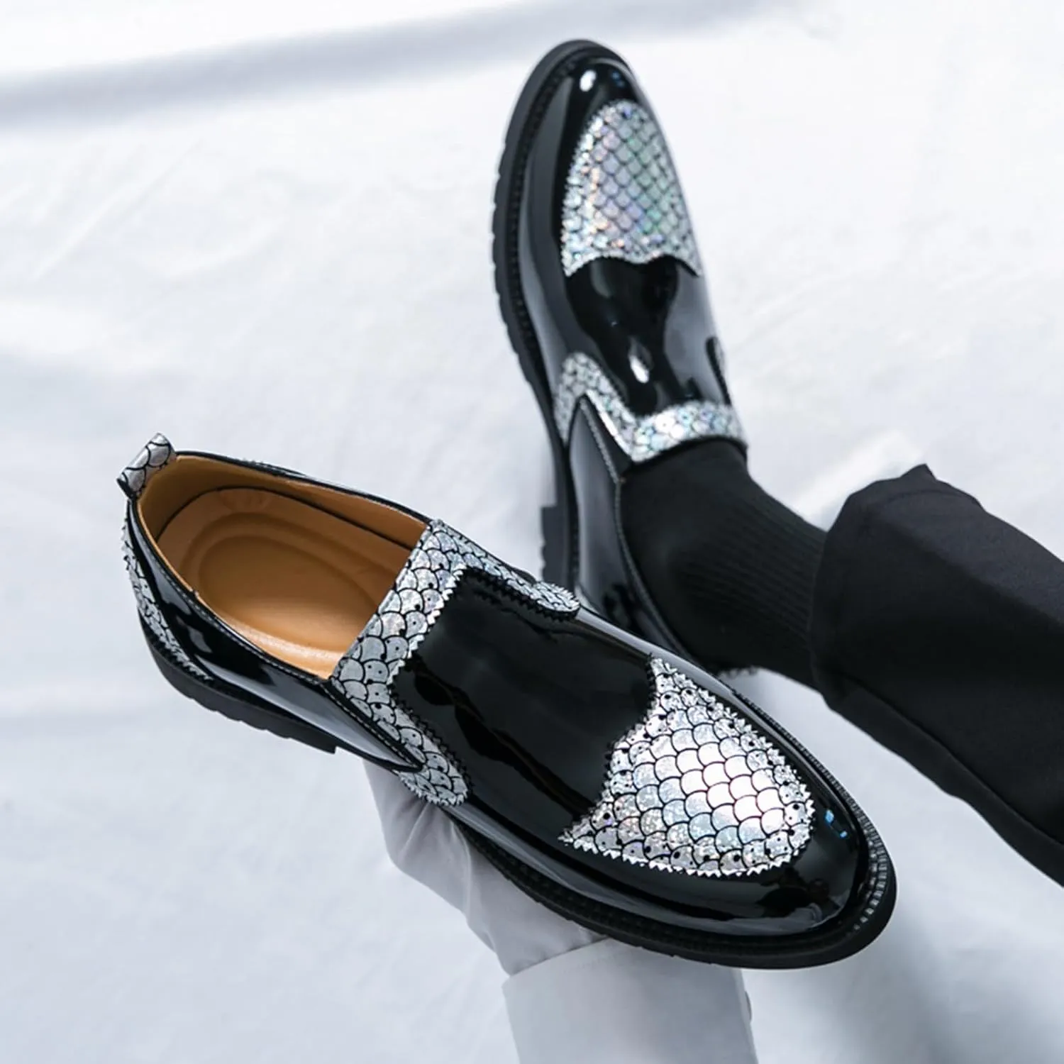 Men's Patent Leather Printed Dress Loafers Fashion Classic Cap Toe Low Top Slip On Oxford Shoes Business Casual Office Wedding Formal Shoes